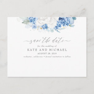 Carte Postale Dusty Blue et Fleurs Blanches Save the Date