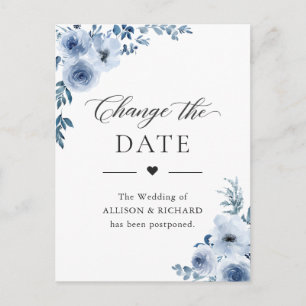 Carte Postale Dusty Blue Floral Changer la date de l'événement r