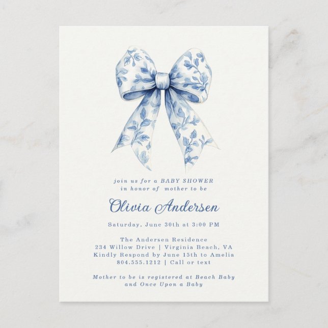Carte Postale Dusty Blue Floral Chinoiserie Bow Baby shower (Devant)