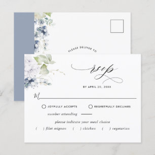 Carte postale Dusty Blue Floral RSVP avec/sans rep
