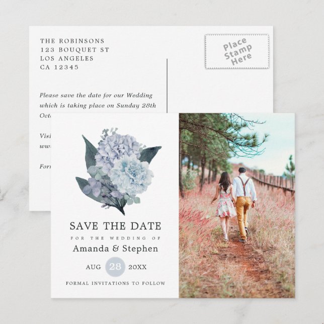 Carte Postale Dusty Blue Floral Wedding Enregistrer la date Cart (Devant / Derrière)
