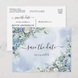 Carte Postale Dusty Blue Hydrangea Roses blanches Enregistrer la