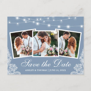 Carte Postale Dusty Blue Lights Lace 3 Photo Enregistrer La Date