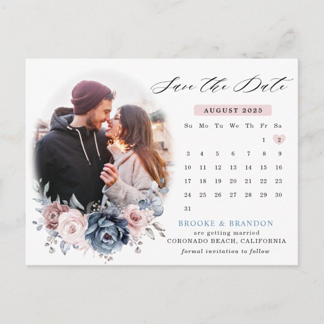 Carte Postale Dusty Blue Mauve Rose Calendrier photo enregistrer (Devant)