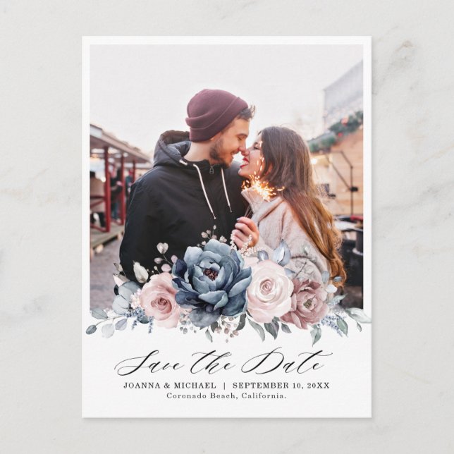 Carte Postale Dusty Blue Mauve Rose photo Floral Enregistrer la  (Devant)