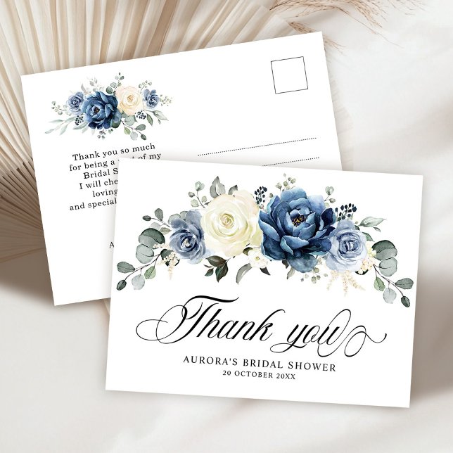 Carte Postale Dusty Blue Navy Champagne Ivory Floral Merci (Dusty Blue Navy Champagne Ivory Floral Bridal Shower Thank you Postcard)