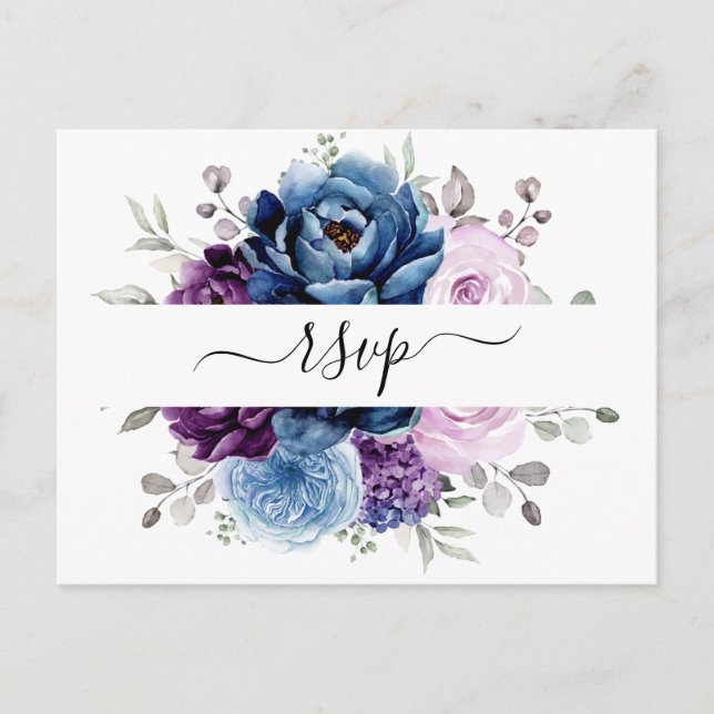 Carte Postale Dusty Blue Purple Navy Lilac Blooms Mariage RSVP (Devant)