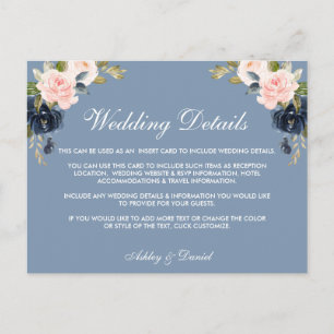 Carte Postale Dusty Blue Rose Floral Détails du Mariage Insérer 