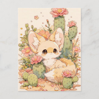 Carte Postale Dusty Coral Bloom Kawaii Fennec Fox
