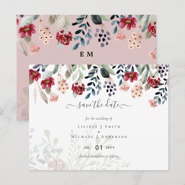Carte Postale Dusty Rose Bourgogne Floral Mariage (Devant / Derrière)