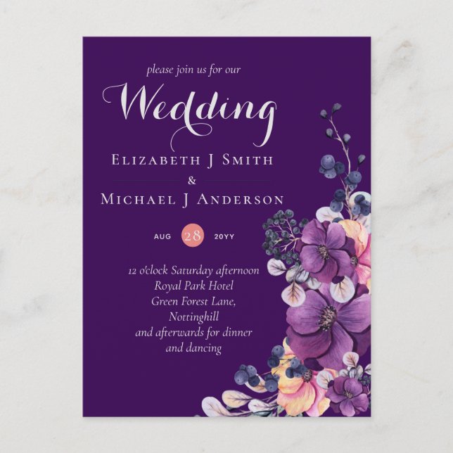 Carte Postale Dynastie Gingembre Violet Mariage Floral Invite (Devant)