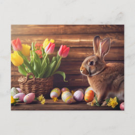 Carte Postale Easter bunny seated beside colorful eggs and tulip