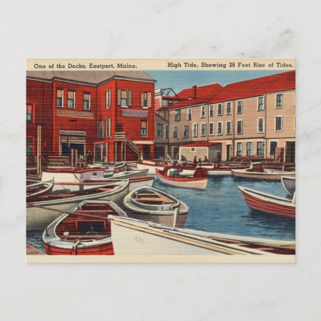 Carte Postale Eastport, Maine, High Tide, Navires à Port (Devant)