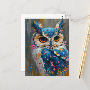 Carte Postale éclaboussures de peinture de hibou bleu lunaire