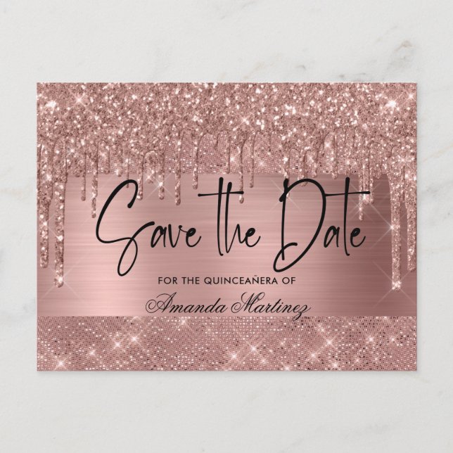 Carte Postale Économisez la date chic en or rose pour Quinceañer (Devant)