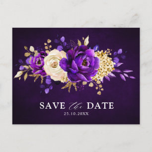 Carte Postale Économisez la date de la florale violette or royal