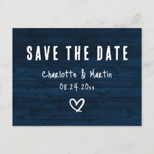 Carte Postale Économisez la date de mariage en bois bleu marine