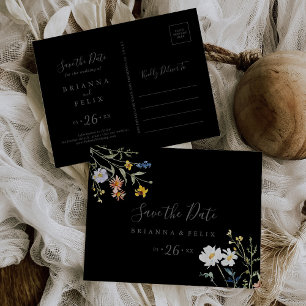 Carte Postale Économisez la date horizontale noire florale sauva