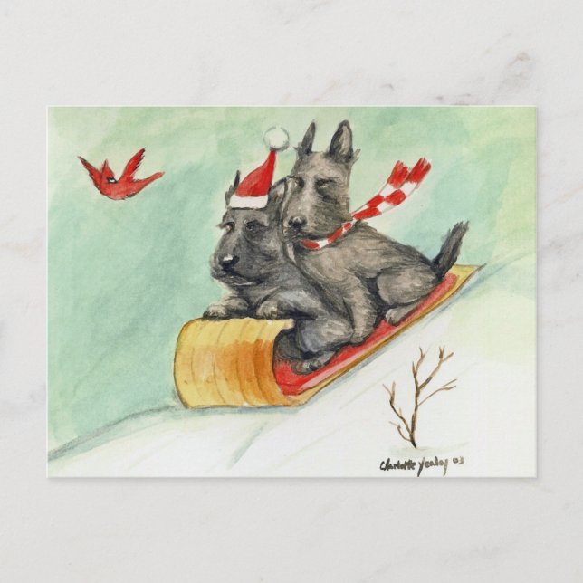Carte postale écossaise Terrier Sleigh Ride Art (Devant)