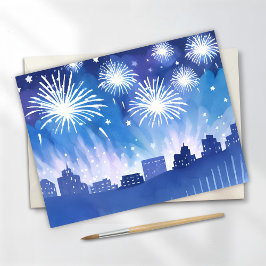 Carte Postale Écran Firework bleu | Aquarelle Fireworks