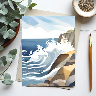Carte Postale Écraser des vagues   Aquarelle de la côte rocheuse