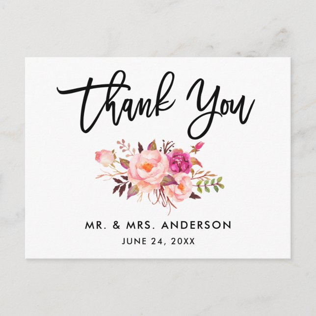 Carte Postale Écriture au Pinceau Mariage Rose Floral Merci (Devant)