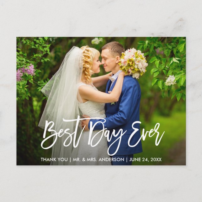 Carte Postale Écriture au Pinceau Meilleur Jour de Mariage Merci (Devant)