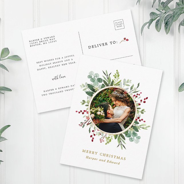 Carte Postale Écriture dorée de Noël botanique Photo Fêtes (Front & Back)