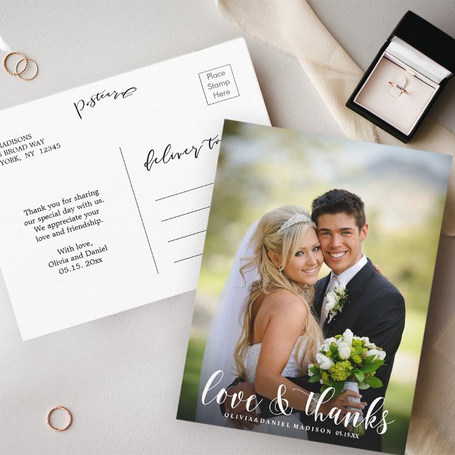 Carte Postale Écriture Élégante Chic Mariage Remerciement Photo (Front & Back)