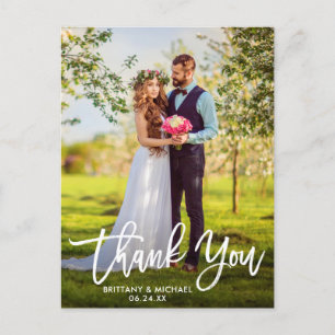 Carte Postale Écriture Moderne au Pinceau   Mariage Photo Merci 