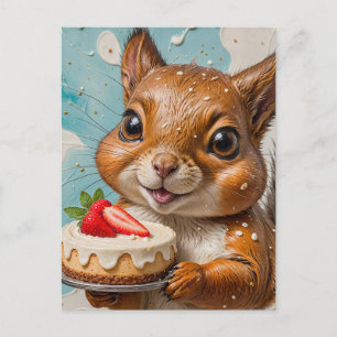 Carte Postale Écureuil Adorable Avec Gâteau Aux Fraises