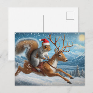Carte Postale Écureuil adorable Père Noël Reindeer Noël neige