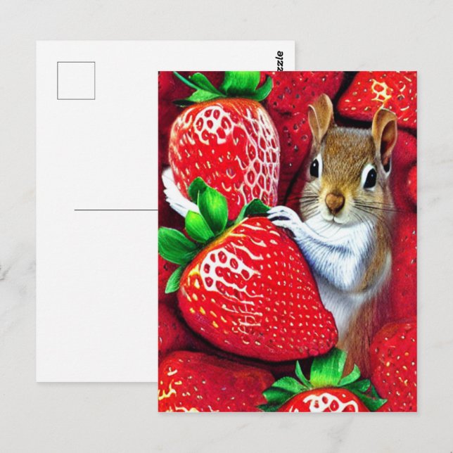Carte Postale Écureuil au paradis des fraises  (Devant / Derrière)