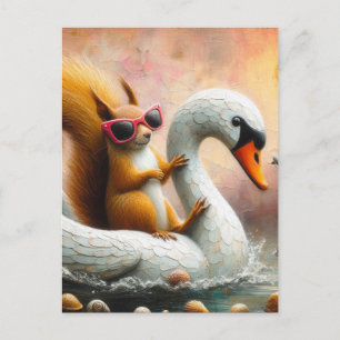 Carte Postale Écureuil drôle sur flotteur de cygne