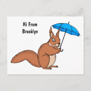 Carte Postale Écureuil rouge mignon avec dessin animé parapluie