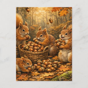 Carte Postale Écureuils adorables d'automne festoyant de glands