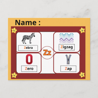 Carte Postale Educational Alphabet Letter Z Flashcard for Kids