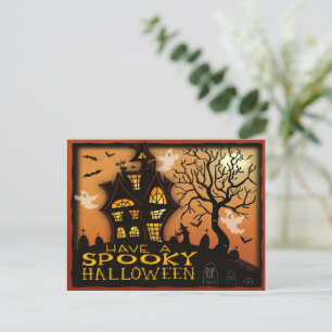 Carte Postale Éffrayant Haunted House Bats Fantômes Halloween