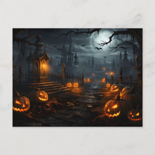 Carte Postale Éffrayante place, pleine lune, citrouilles, nuit d