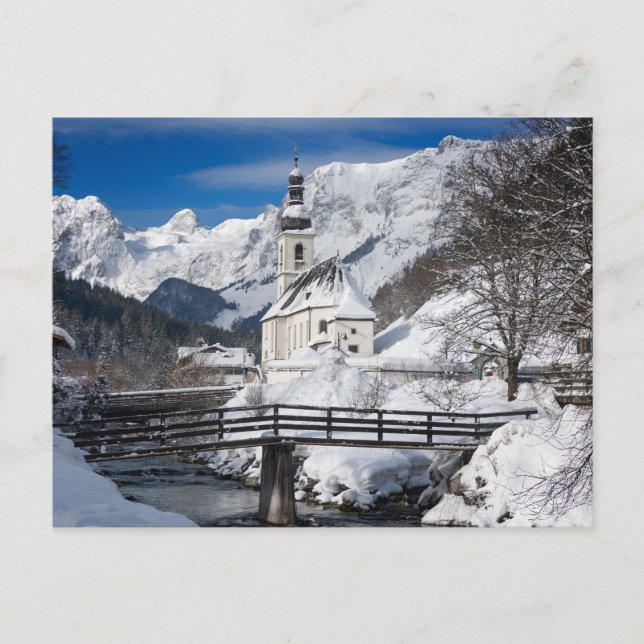 Carte Postale Eglise dans la neige avec les Alpes (Devant)
