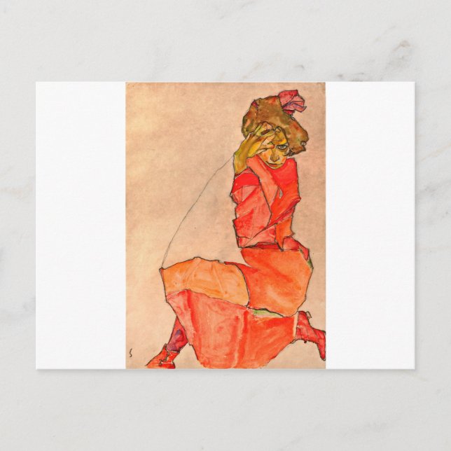 Carte Postale Egon Schiele - Kneeling Femme En Robe Rouge Orange (Devant)
