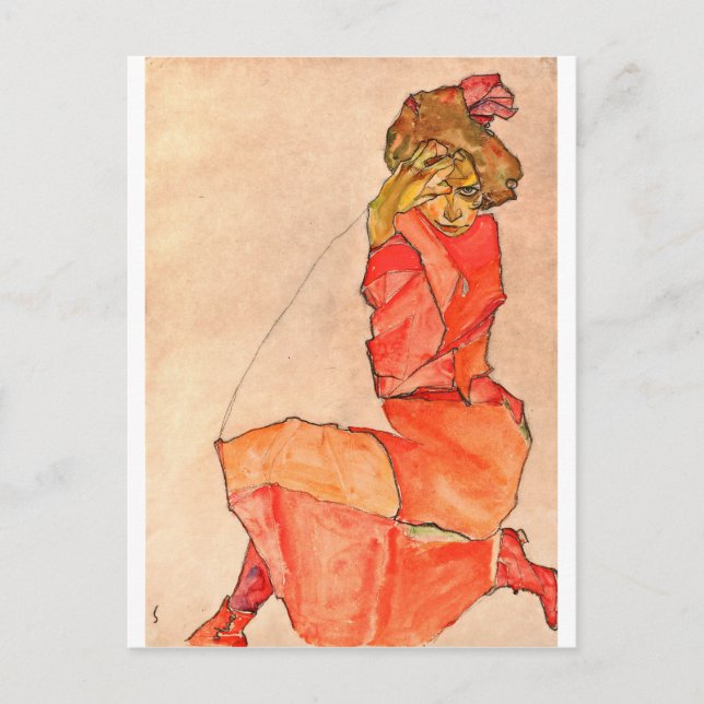 Carte Postale Egon Schiele - Kneeling Femme En Robe Rouge Orange (Devant)