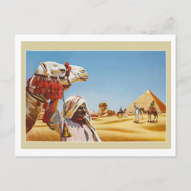 Carte Postale Egypte, badouin avec son chameau devant les pyrami (Devant)