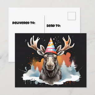 Carte Postale Élan d'Alaska portant un chapeau d'anniversaire co