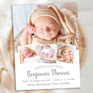 Carte Postale Elegant Baby Custom 4 Photo Faire-part de naissanc