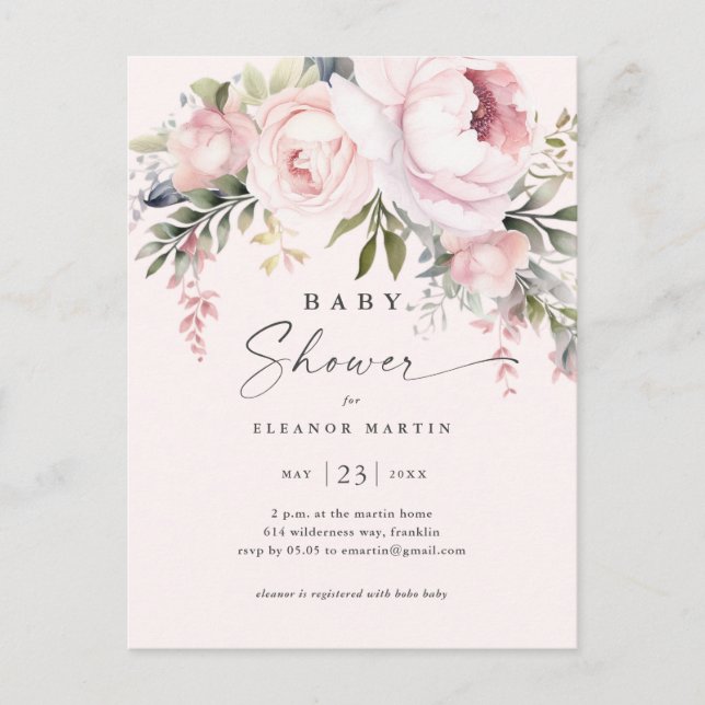 Carte Postale Elégant Baby shower de jardin de fleurs roses vert (Devant)