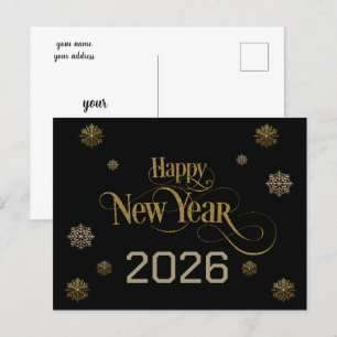 Carte Postale Élégant Black Gold Joyeux Nouvel An 2026 flocons d