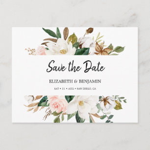 Carte Postale Élégant Blanc Blush Magnolia Floral Enregistrer La