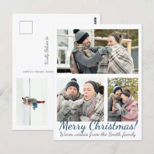 Carte Postale Élégant bleu 3 Photo Calligraphie Noël de Noël