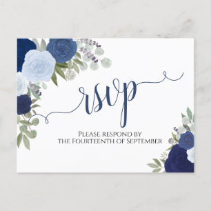 Carte Postale Elégant bleu aquarelle Roses mariage RSVP
